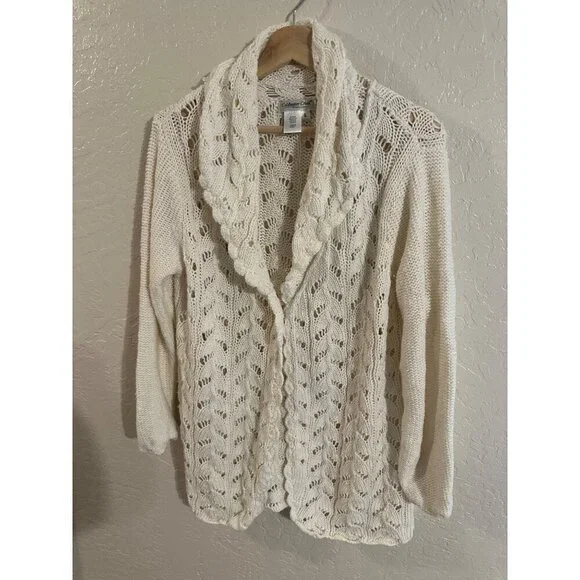 Y Coldwater Creek Cream Ramie & Cotton Chunky Knit Fisherman Cardigan - Picture 2 of 11